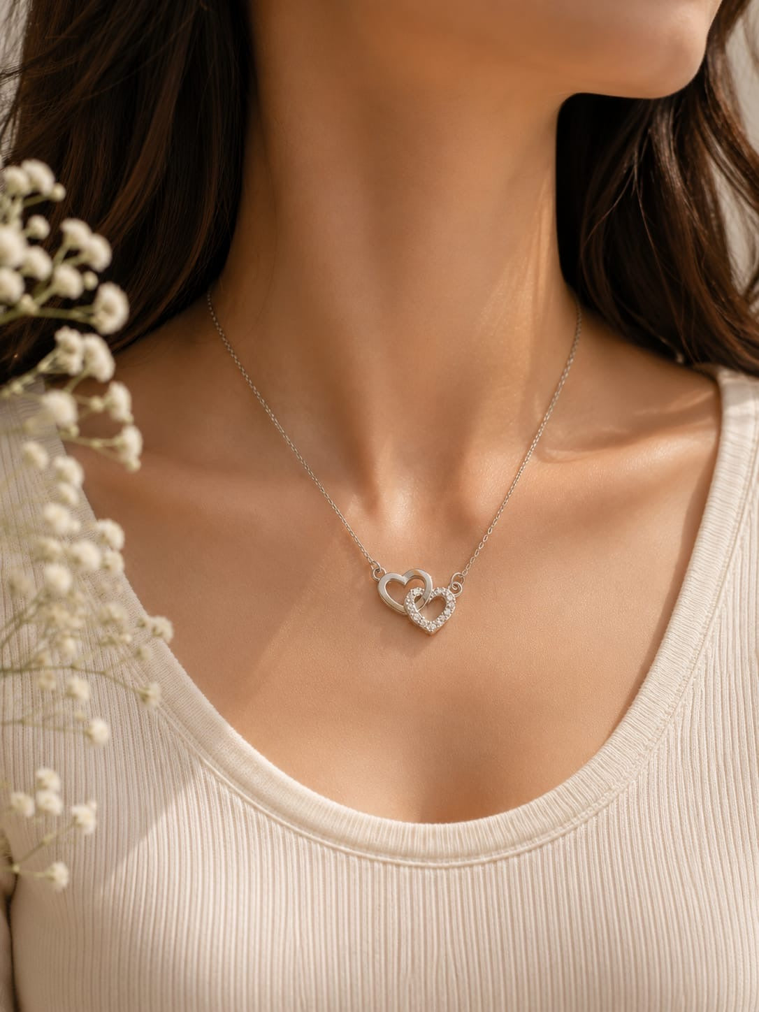 Elegant Double Heart Crystal Pendant Necklace for Women | Silver-Tone Love Necklace