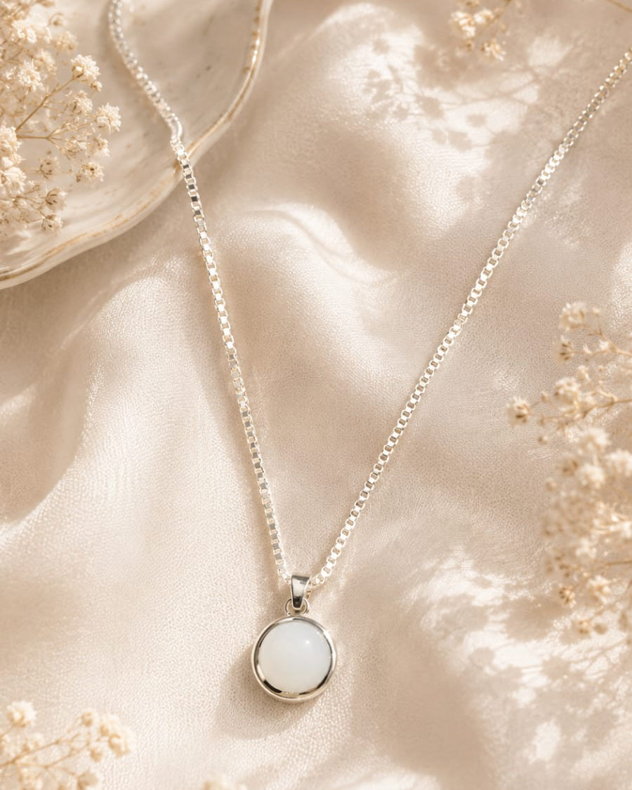 Minimalist Round White Stone Pendant Necklace for Women | Elegant Silver-Tone Necklace