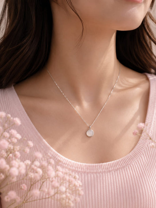 Minimalist Round White Stone Pendant Necklace for Women | Elegant Silver-Tone Necklace